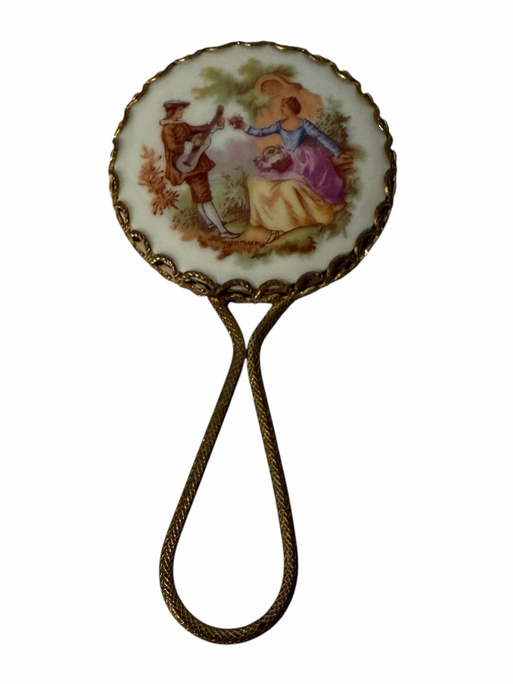 Vintage Fragonard Brass Handheld Mirror Porcelain Romantic Couple